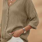 Ella | Women's Relaxed V-Neck Button Front Linen Top