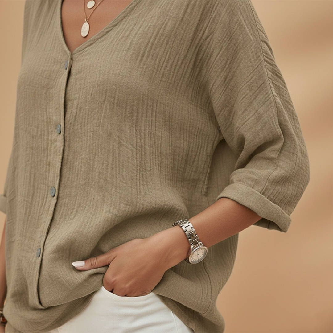 Ella | Women's Relaxed V-Neck Button Front Linen Top