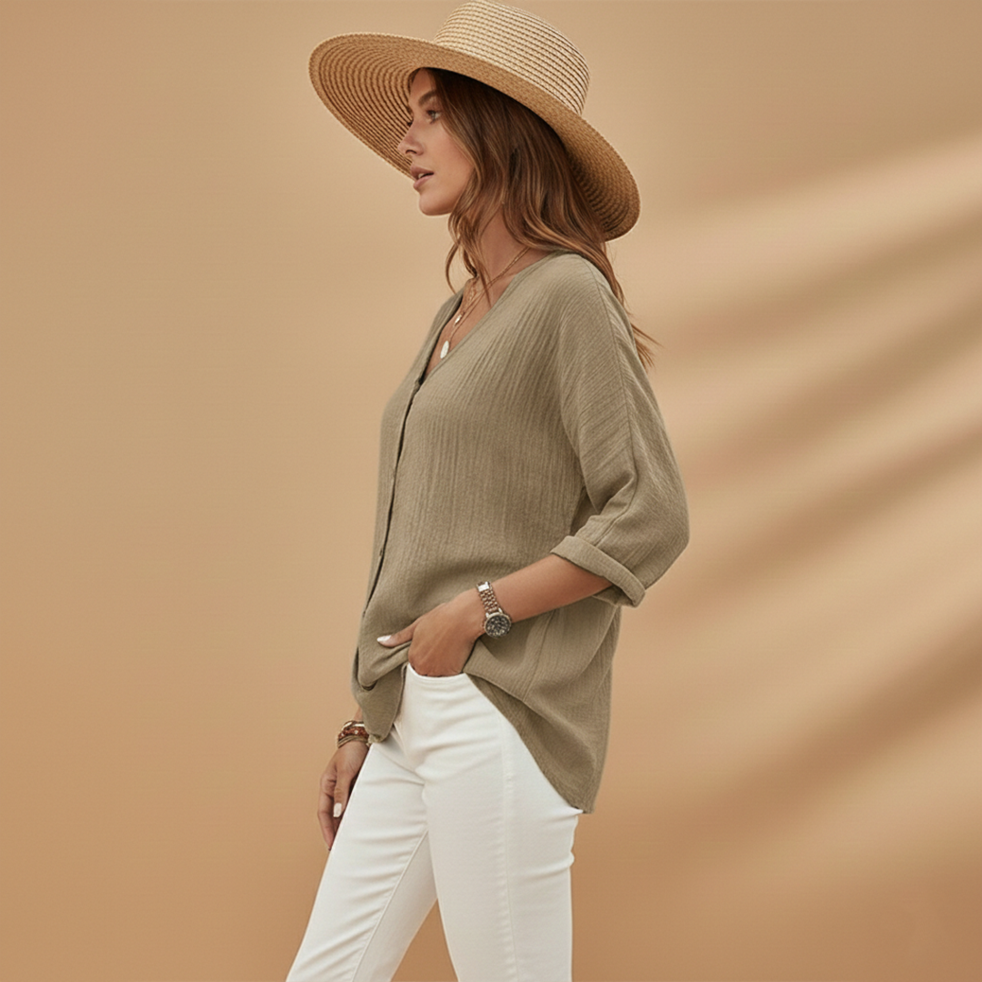 Ella | Women's Relaxed V-Neck Button Front Linen Top