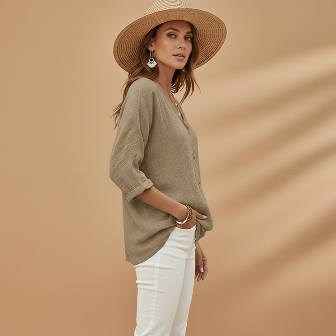 Ella | Women's Relaxed V-Neck Button Front Linen Top
