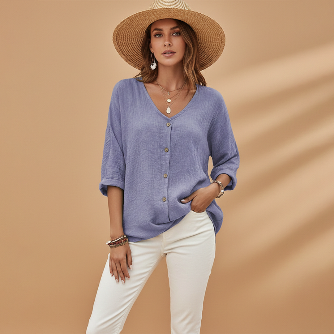 Ella | Women's Relaxed V-Neck Button Front Linen Top