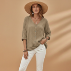 Ella | Women's Relaxed V-Neck Button Front Linen Top