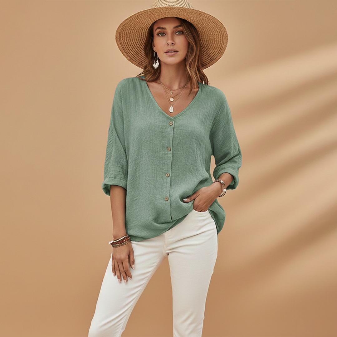 Ella | Women's Relaxed V-Neck Button Front Linen Top