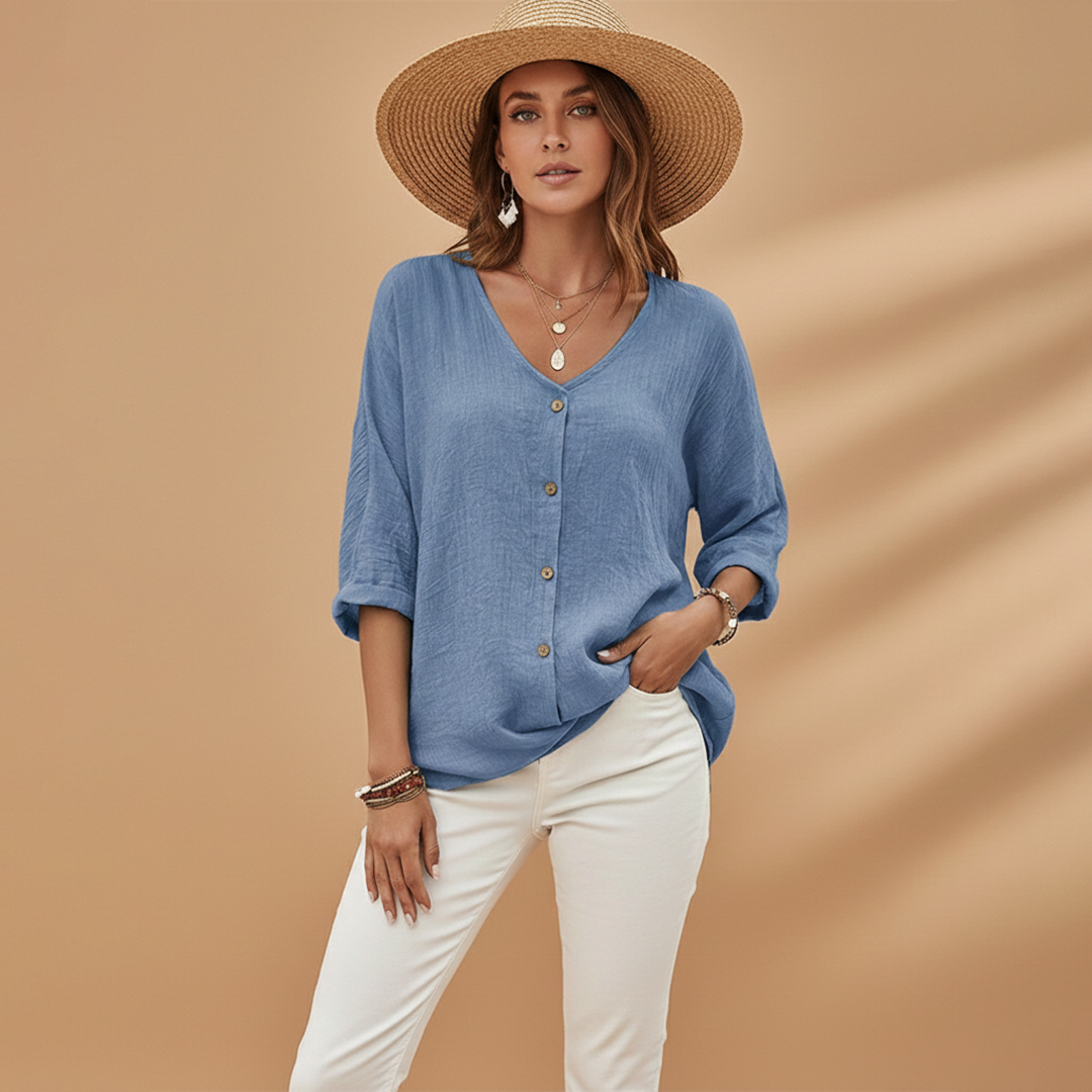 Ella | Women's Relaxed V-Neck Button Front Linen Top