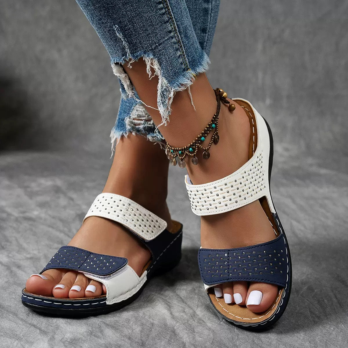 Faye | Women's Studded Double Strap Wedge Mule