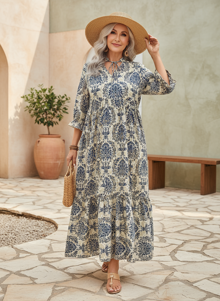 Jade | Women's Boho Damask Print Tiered Maxi Dress