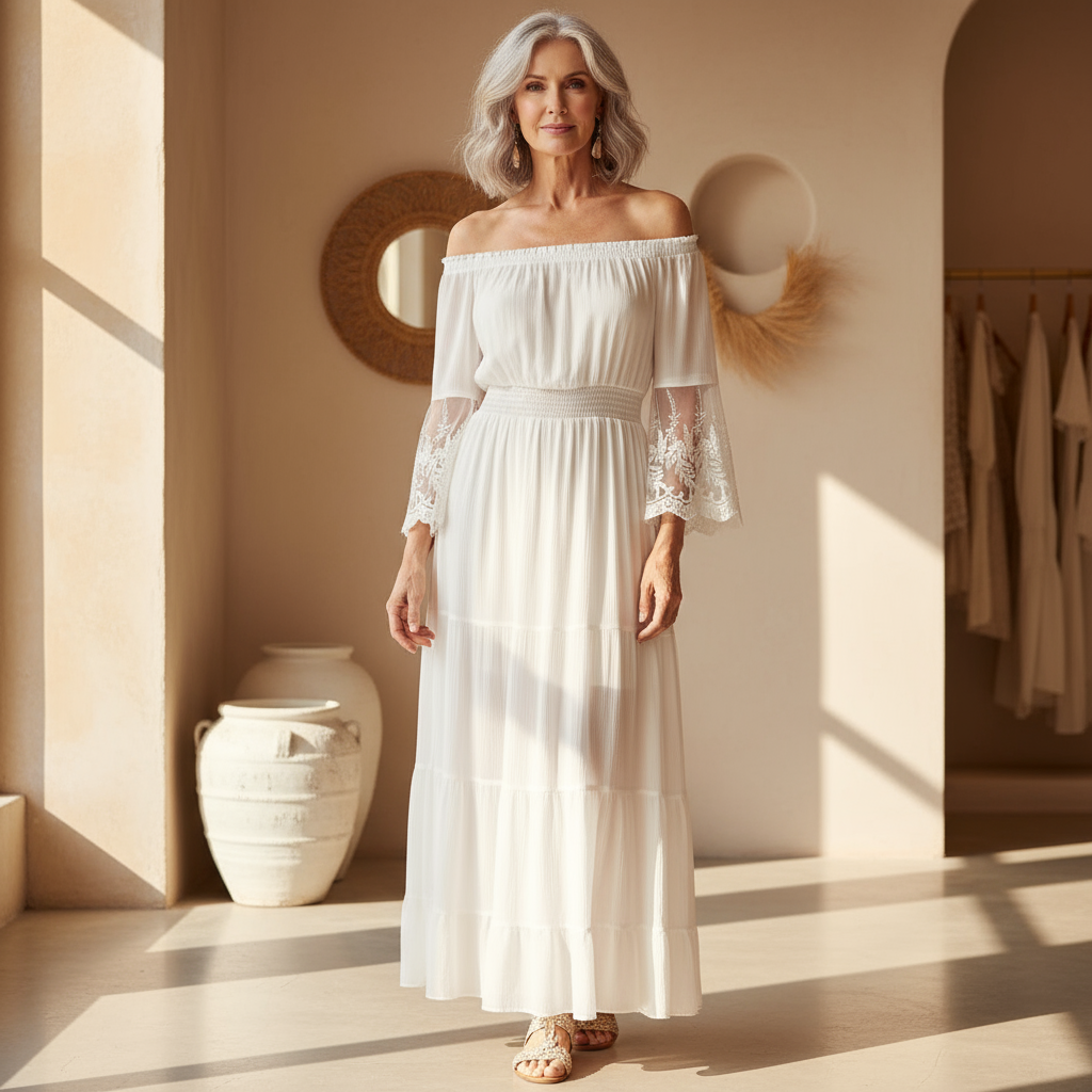 Katie | Women's Off-Shoulder Lace Sleeve Maxi Dress