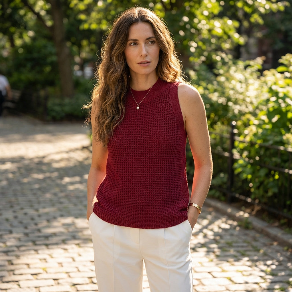 Phoebe | Women's Beige Sleeveless Crochet Knit Top