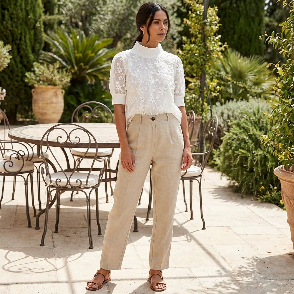 Cecily | Women's White Floral Embroidered Mock Neck Top