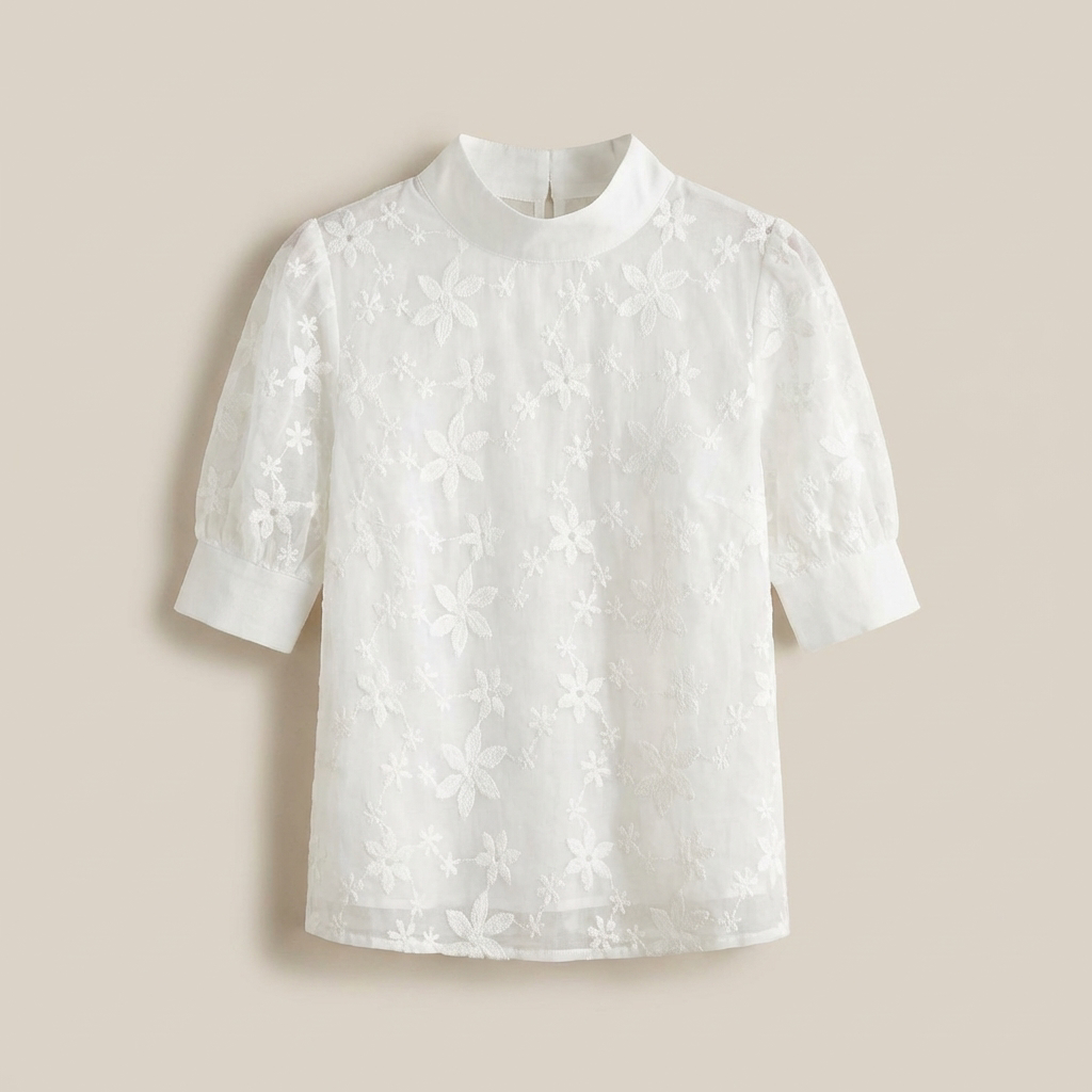 Cecily | Women's White Floral Embroidered Mock Neck Top