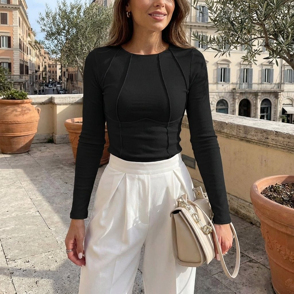 Lisa | Women's White Long Sleeve Corset Seam Fitted Top