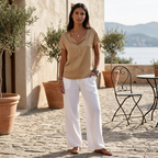 Alice | Women's Camel Short Sleeve Henley Linen Top