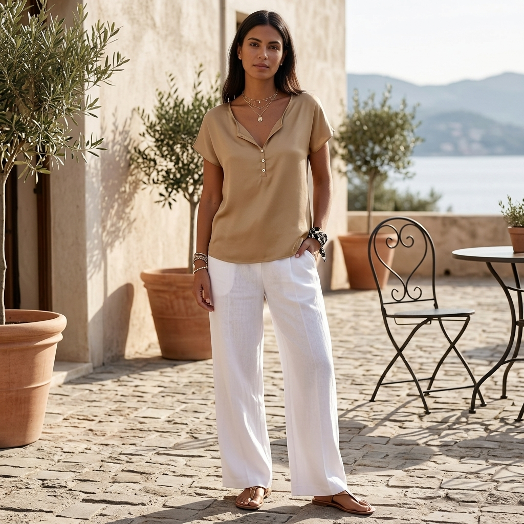 Alice | Women's Camel Short Sleeve Henley Linen Top