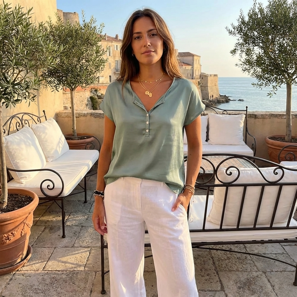 Alice | Women's Camel Short Sleeve Henley Linen Top