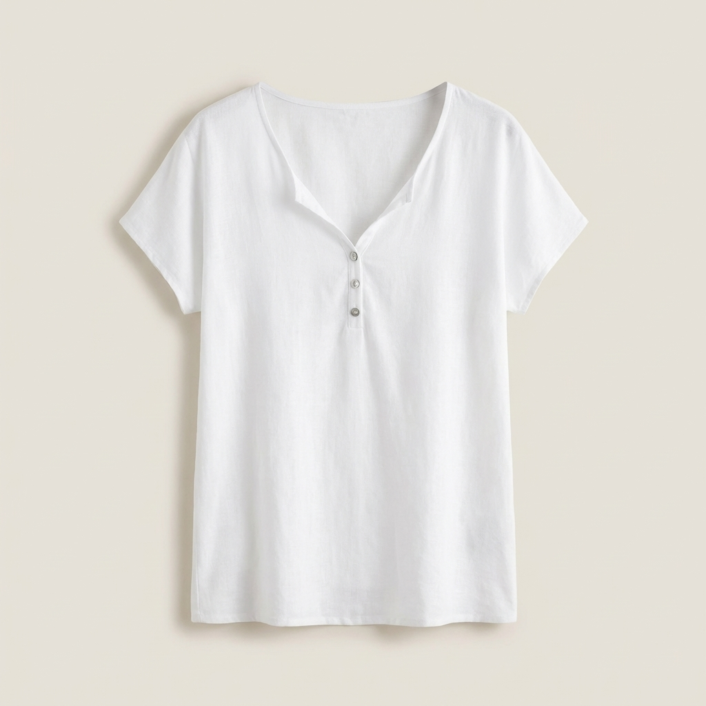 Alice | Women's Camel Short Sleeve Henley Linen Top